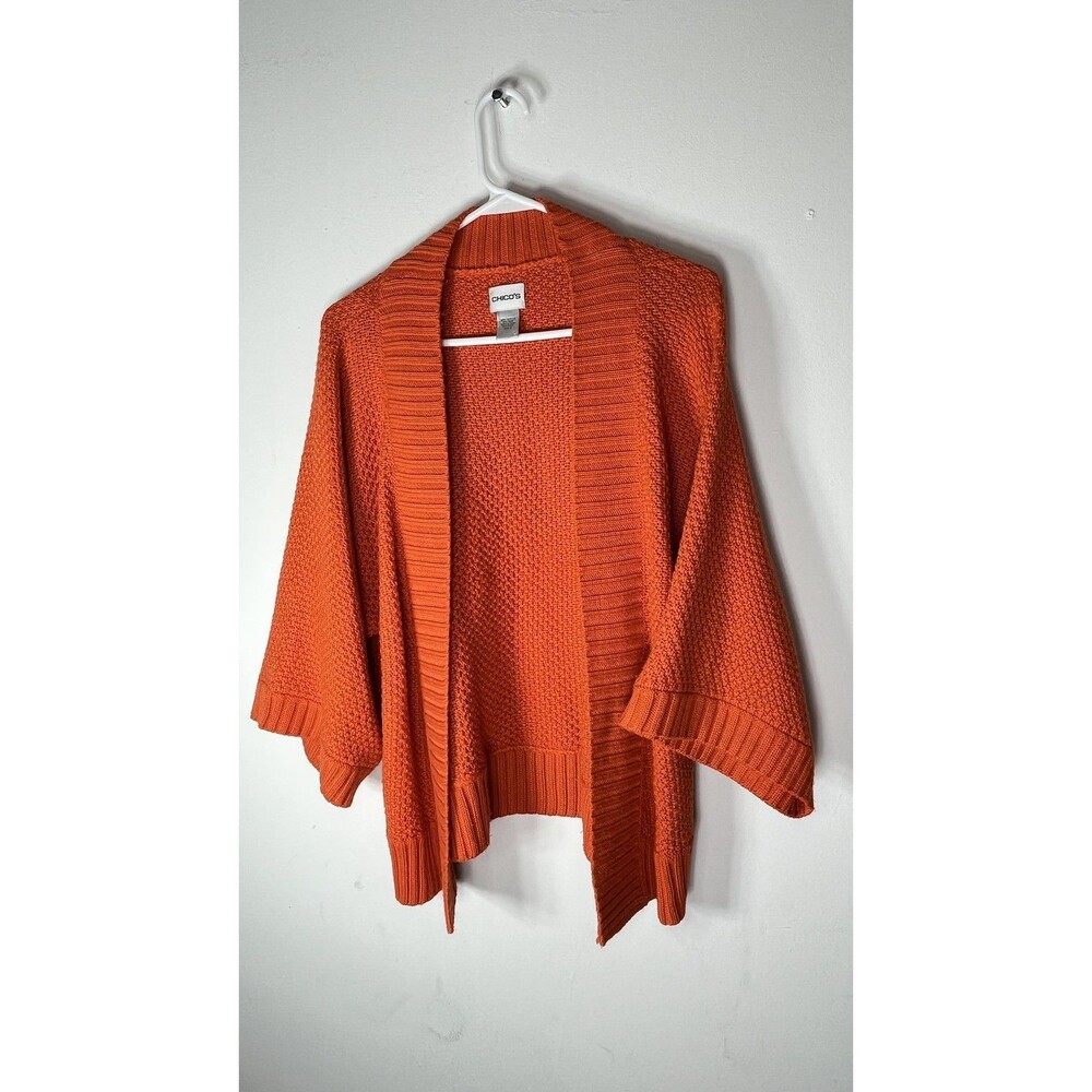 Chico's Sweater Cardigan Womens 2 L Orange Chunky Knit Open Kimono 3/4 Sleeve